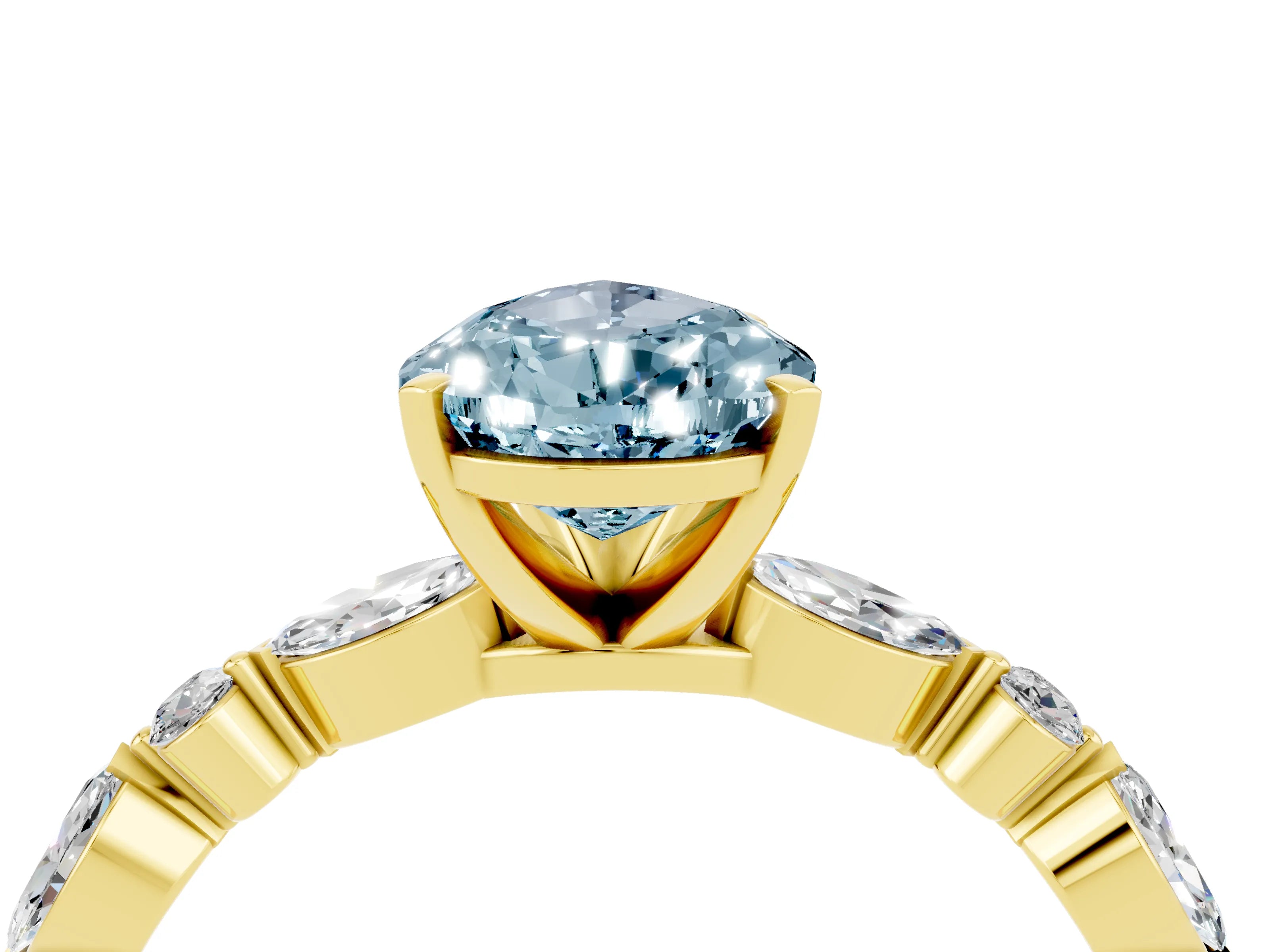 Yellow gold Pear Cut Aquamarine Solitaire with Side Stones on a Pavé Band and Four-Prong Setting_4