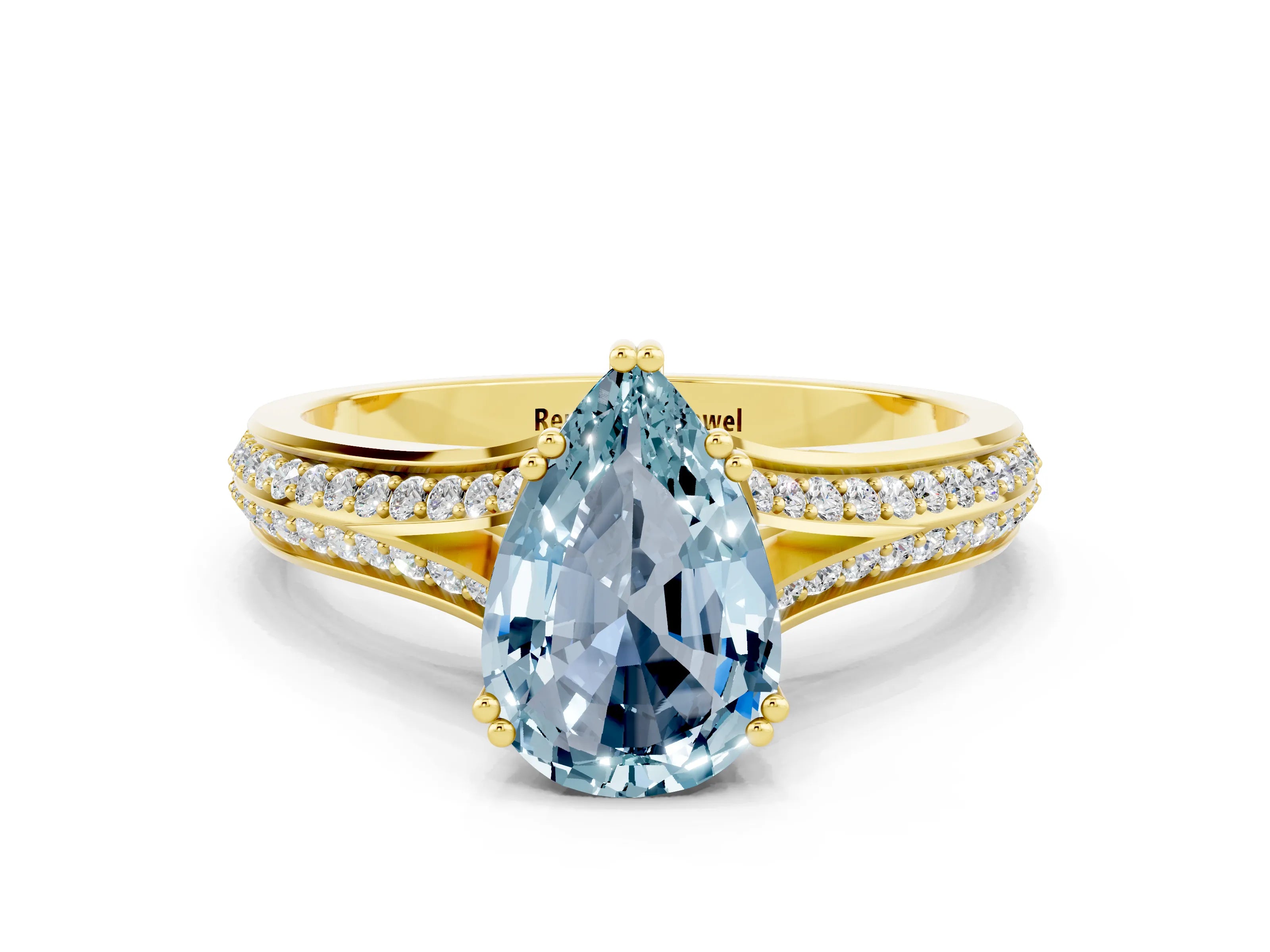 Yellow gold Pear Cut Aquamarine Split Shank Engagement Ring with Pavé Band