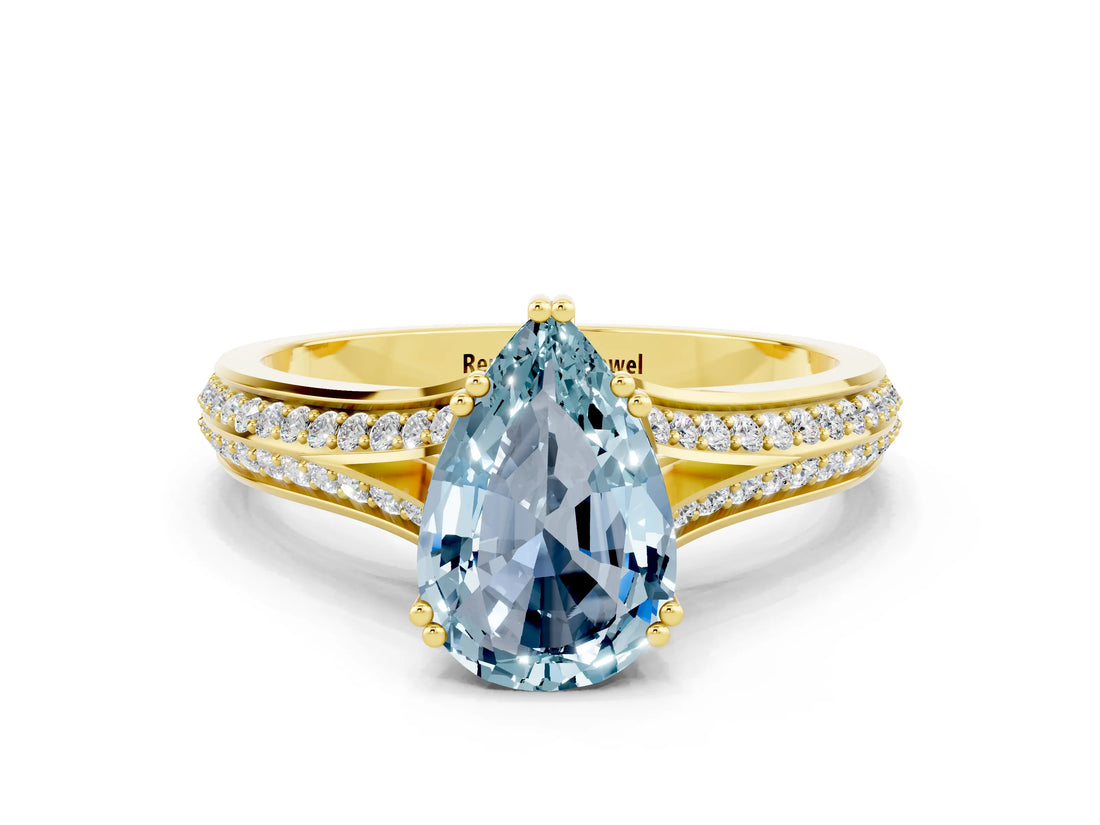 Yellow gold Pear Cut Aquamarine Split Shank Engagement Ring with Pavé Band