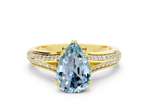 Yellow gold Pear Cut Aquamarine Split Shank Engagement Ring with Pavé Band
