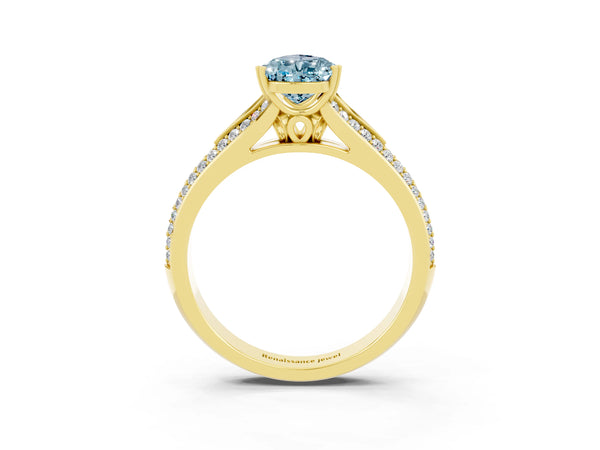 Yellow gold Pear Cut Aquamarine Split Shank Engagement Ring with Pavé Band