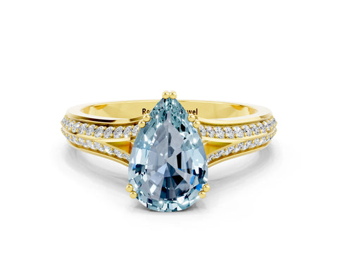 Yellow gold Pear Cut Aquamarine Split Shank Engagement Ring with Pavé Band