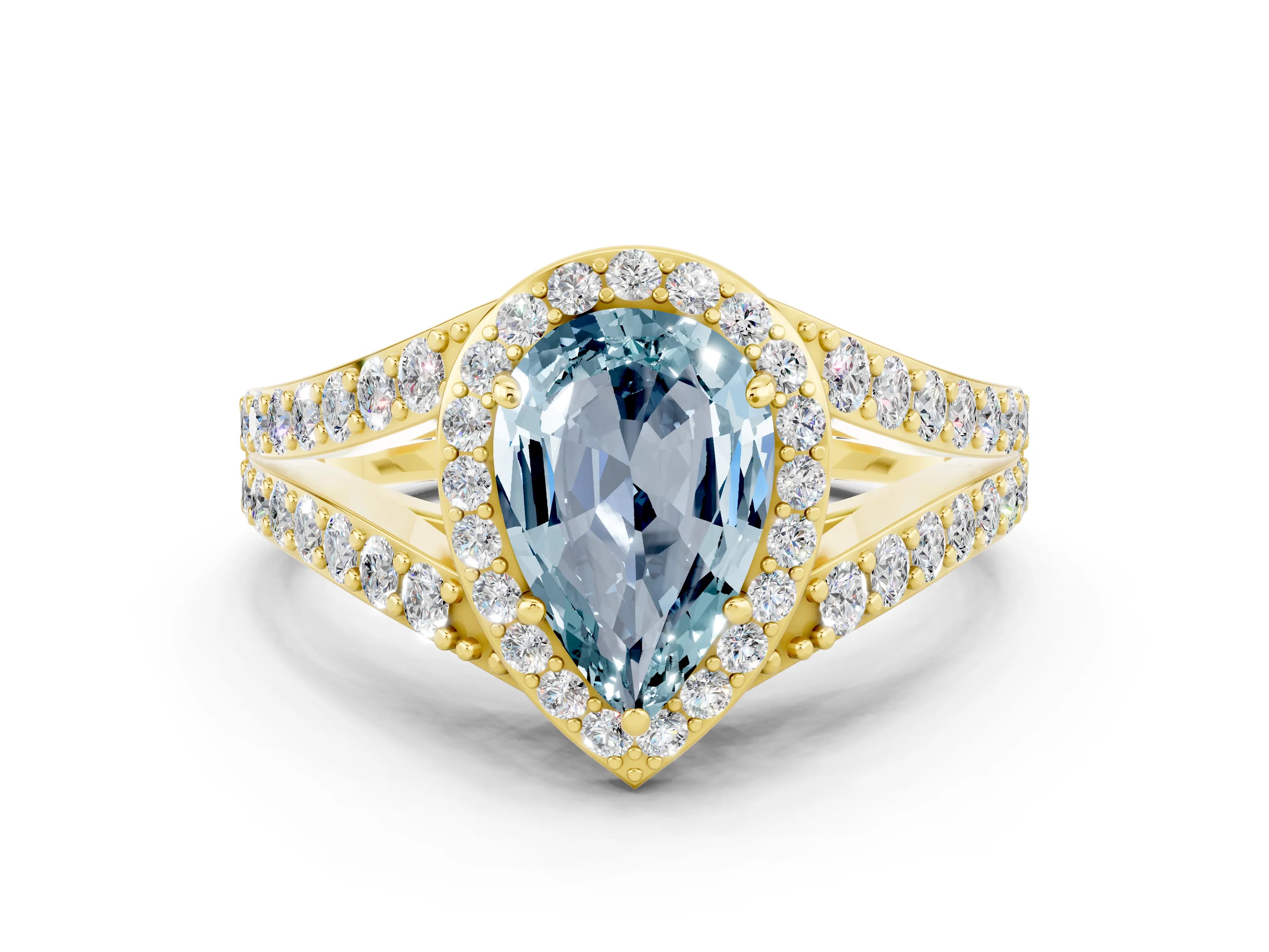 Yellow gold Pear Cut Aquamarine Split Shank Halo Ring with Four-Prong Setting_12
