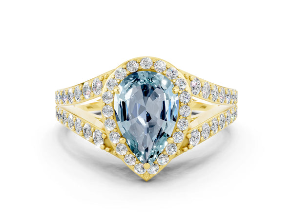 Yellow gold Pear Cut Aquamarine Split Shank Halo Ring with Four-Prong Setting