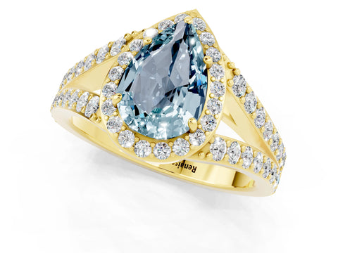 Yellow gold Pear Cut Aquamarine Split Shank Halo Ring with Four-Prong Setting_13