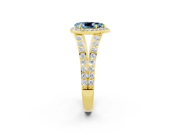 Yellow gold Pear Cut Aquamarine Split Shank Halo Ring with Four-Prong Setting