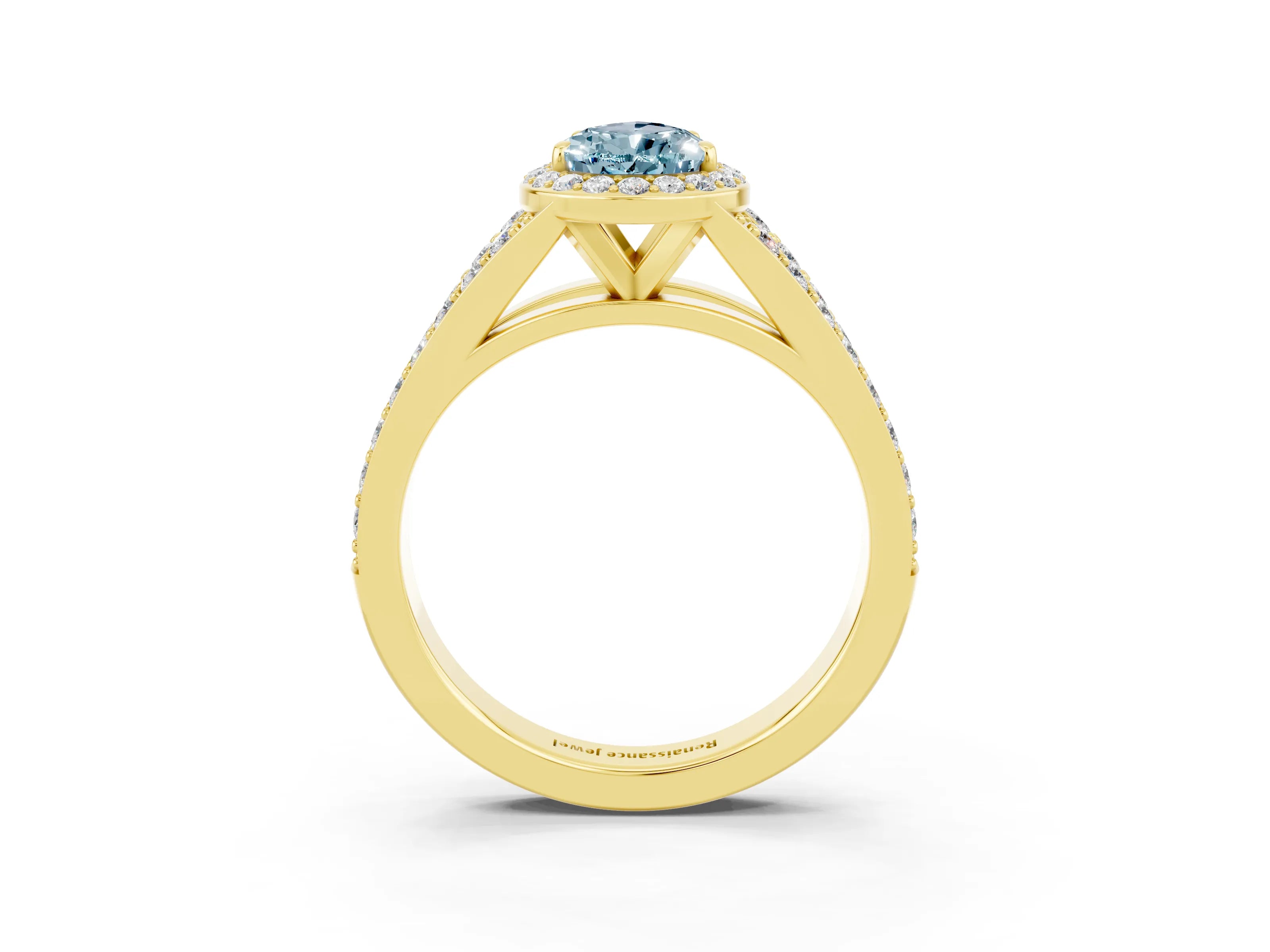 Yellow gold Pear Cut Aquamarine Split Shank Halo Ring with Four-Prong Setting_15