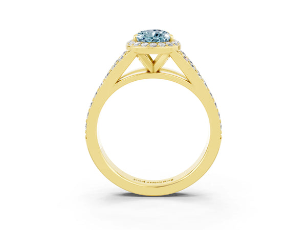 Yellow gold Pear Cut Aquamarine Split Shank Halo Ring with Four-Prong Setting
