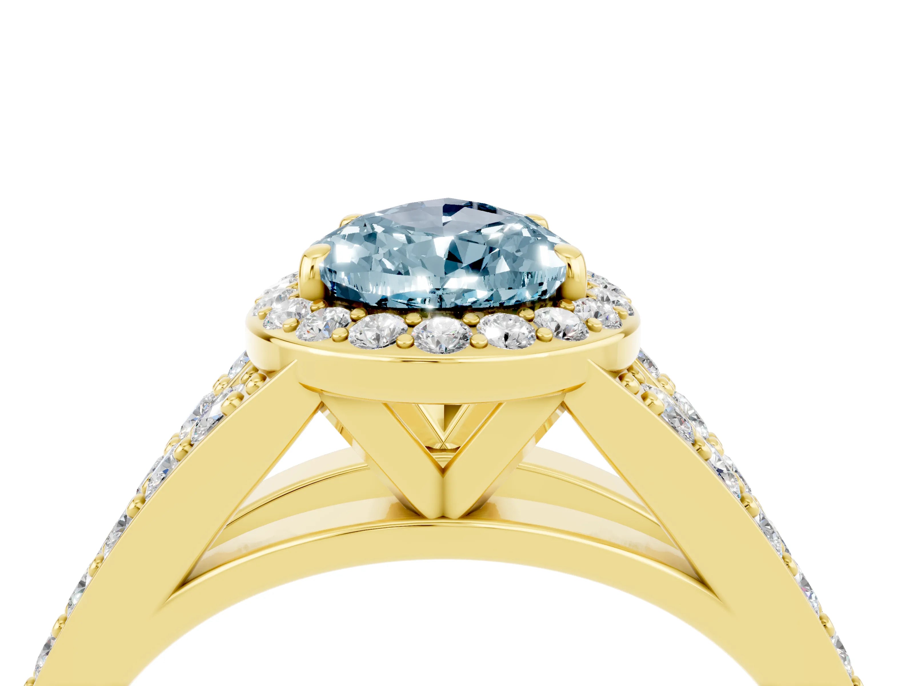 Yellow gold Pear Cut Aquamarine Split Shank Halo Ring with Four-Prong Setting_16
