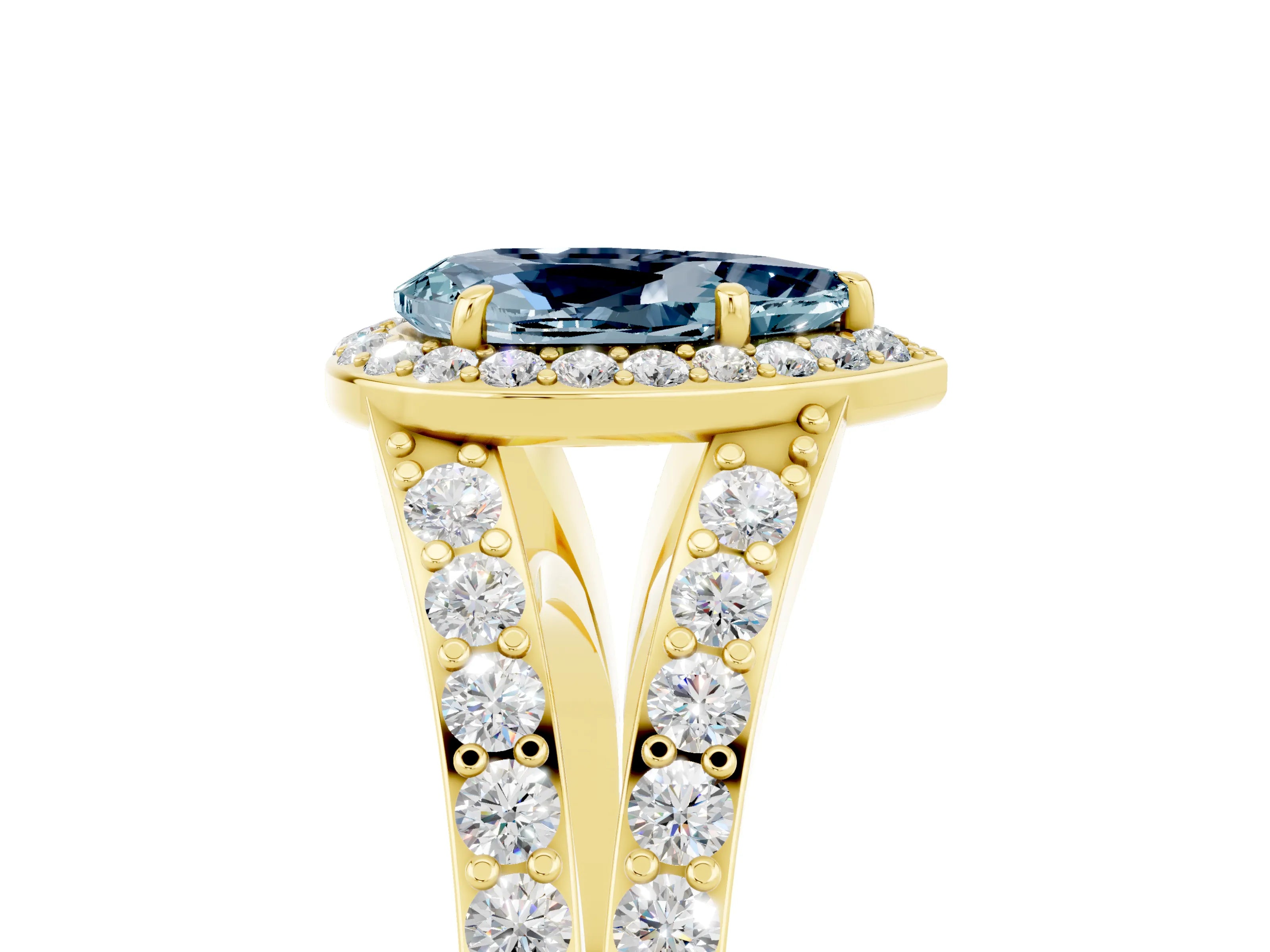 Yellow gold Pear Cut Aquamarine Split Shank Halo Ring with Four-Prong Setting_17