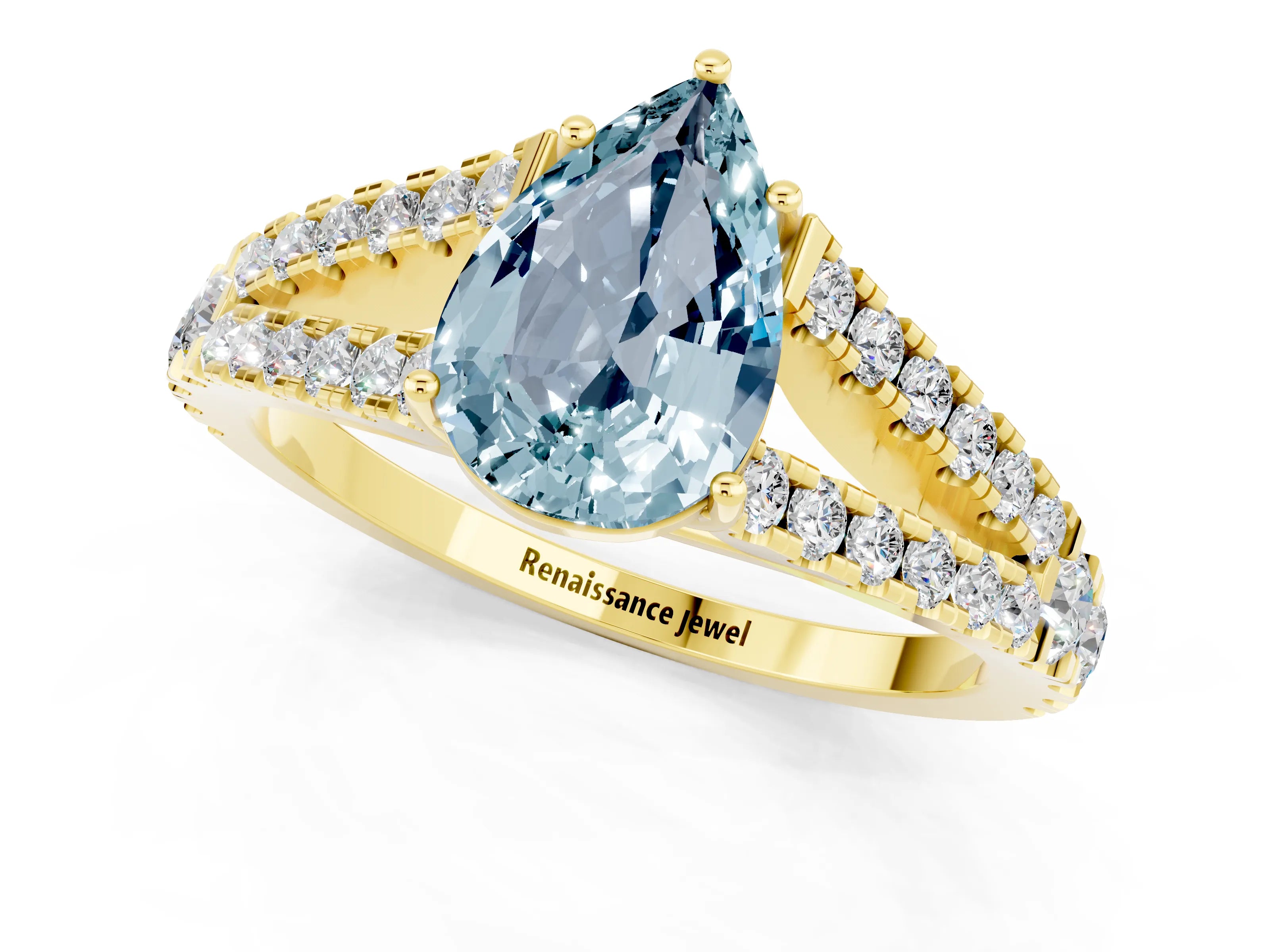 Yellow gold Pear Cut Aquamarine Split Shank Pavé Engagement Ring with Four-Prong Setting_13