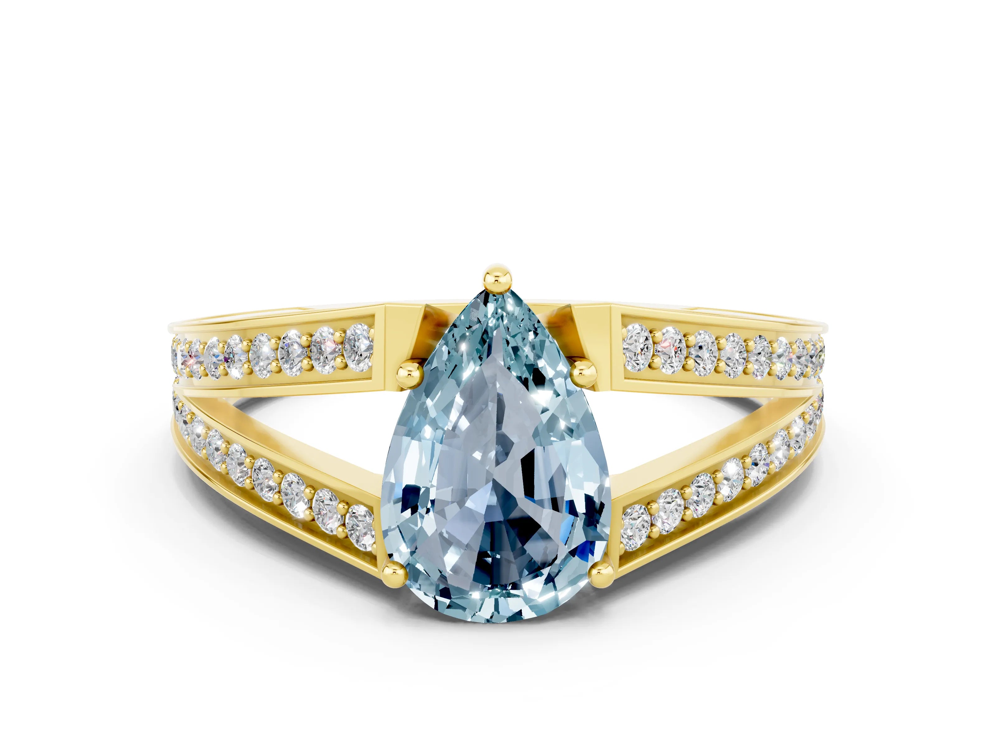 Yellow gold Pear Cut Aquamarine Split Shank Ring with Pavé Band and Four-Prong Setting