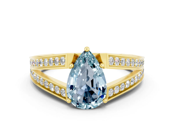 Yellow gold Pear Cut Aquamarine Split Shank Ring with Pavé Band and Four-Prong Setting