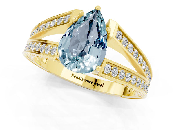 Yellow gold Pear Cut Aquamarine Split Shank Ring with Pavé Band and Four-Prong Setting