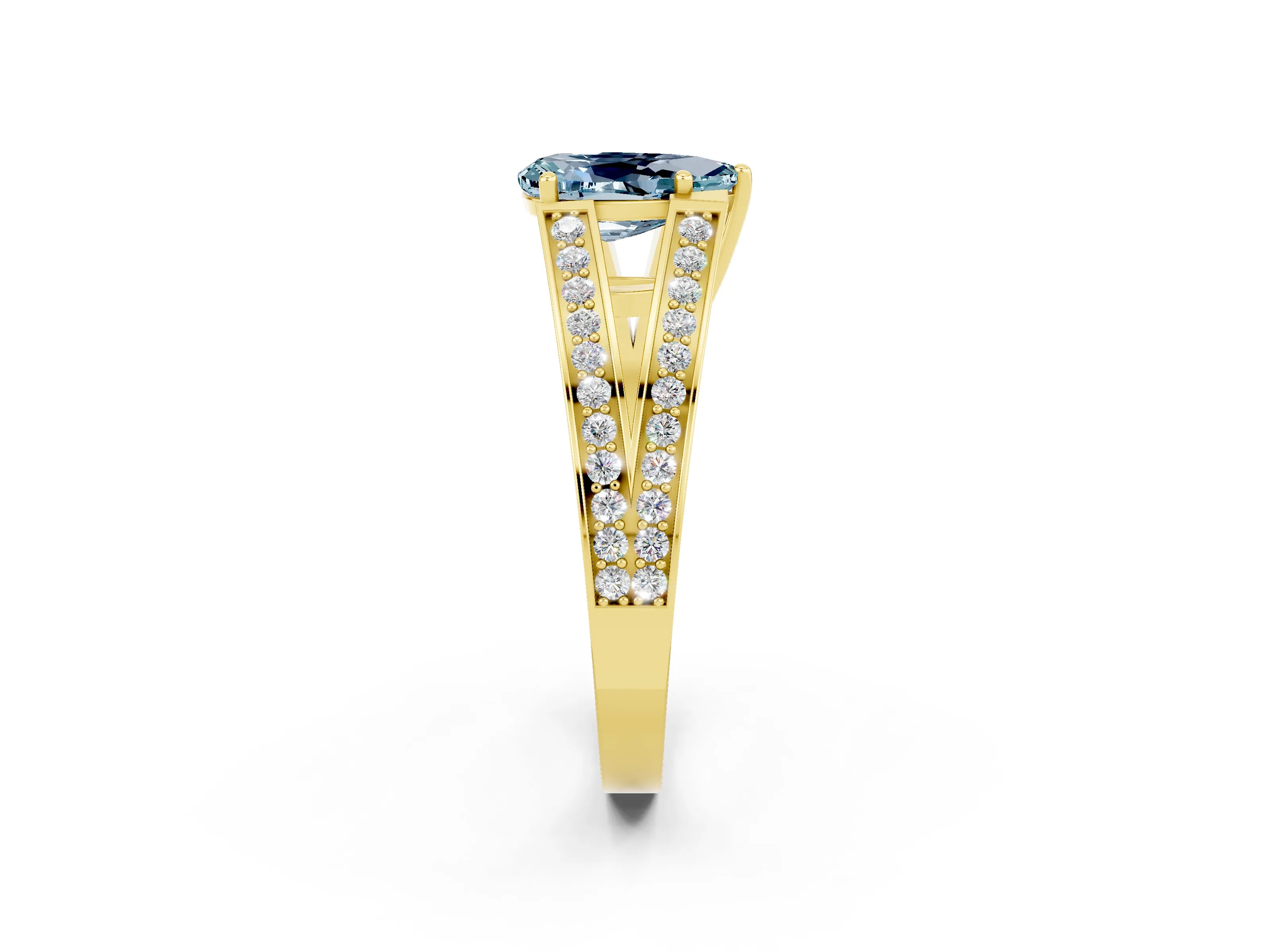 Yellow gold Pear Cut Aquamarine Split Shank Ring with Pavé Band and Four-Prong Setting_2