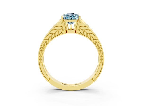 Yellow gold Pear Cut Aquamarine Split Shank Ring with Pavé Band and Four-Prong Setting