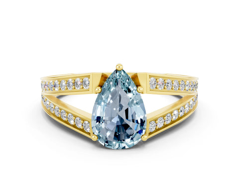 Yellow gold Pear Cut Aquamarine Split Shank Ring with Pavé Band and Four-Prong Setting