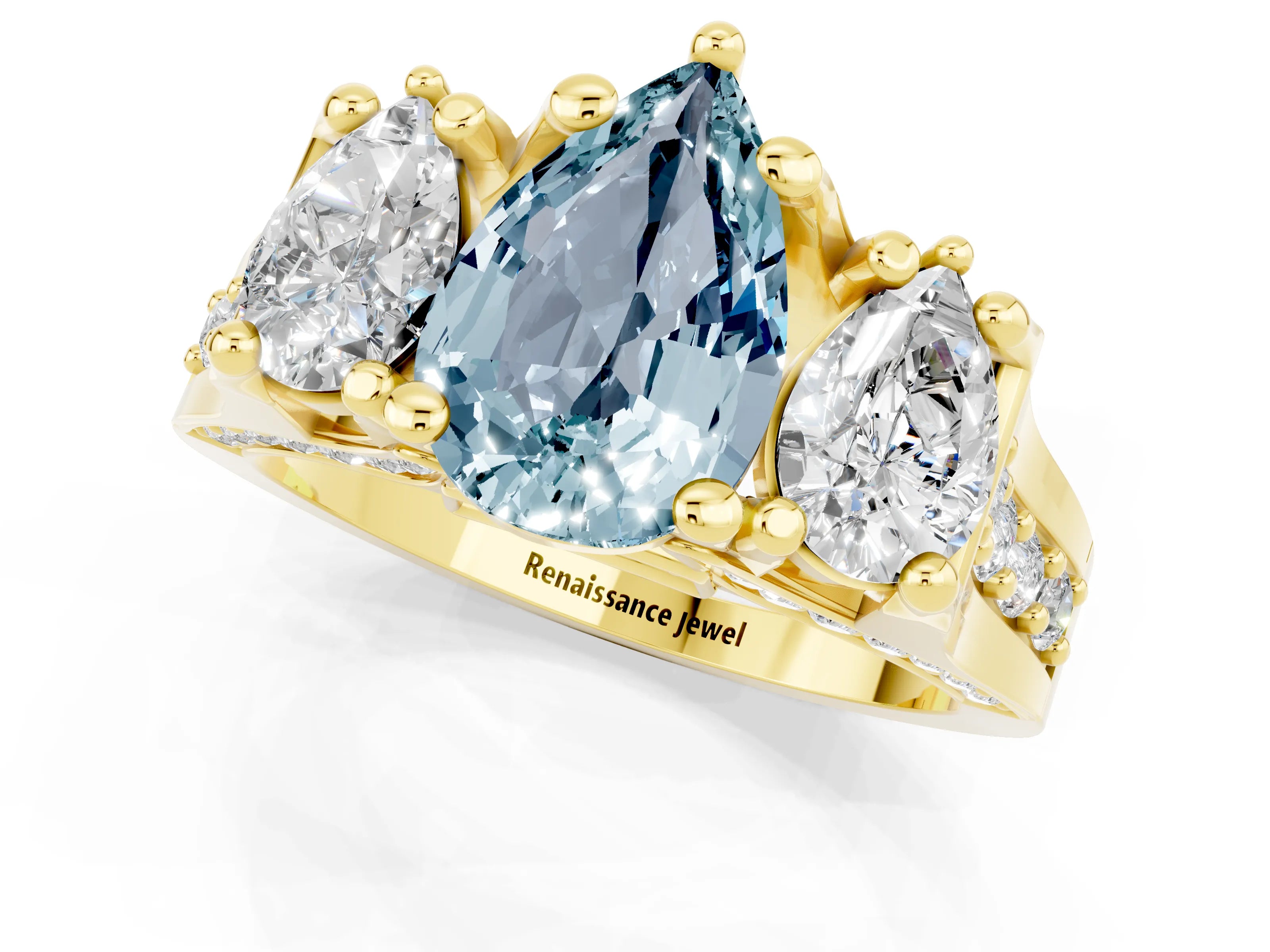 Yellow gold Pear Cut Aquamarine Three-Stone Ring with Channel Set Band and Four-Prong Setting_1