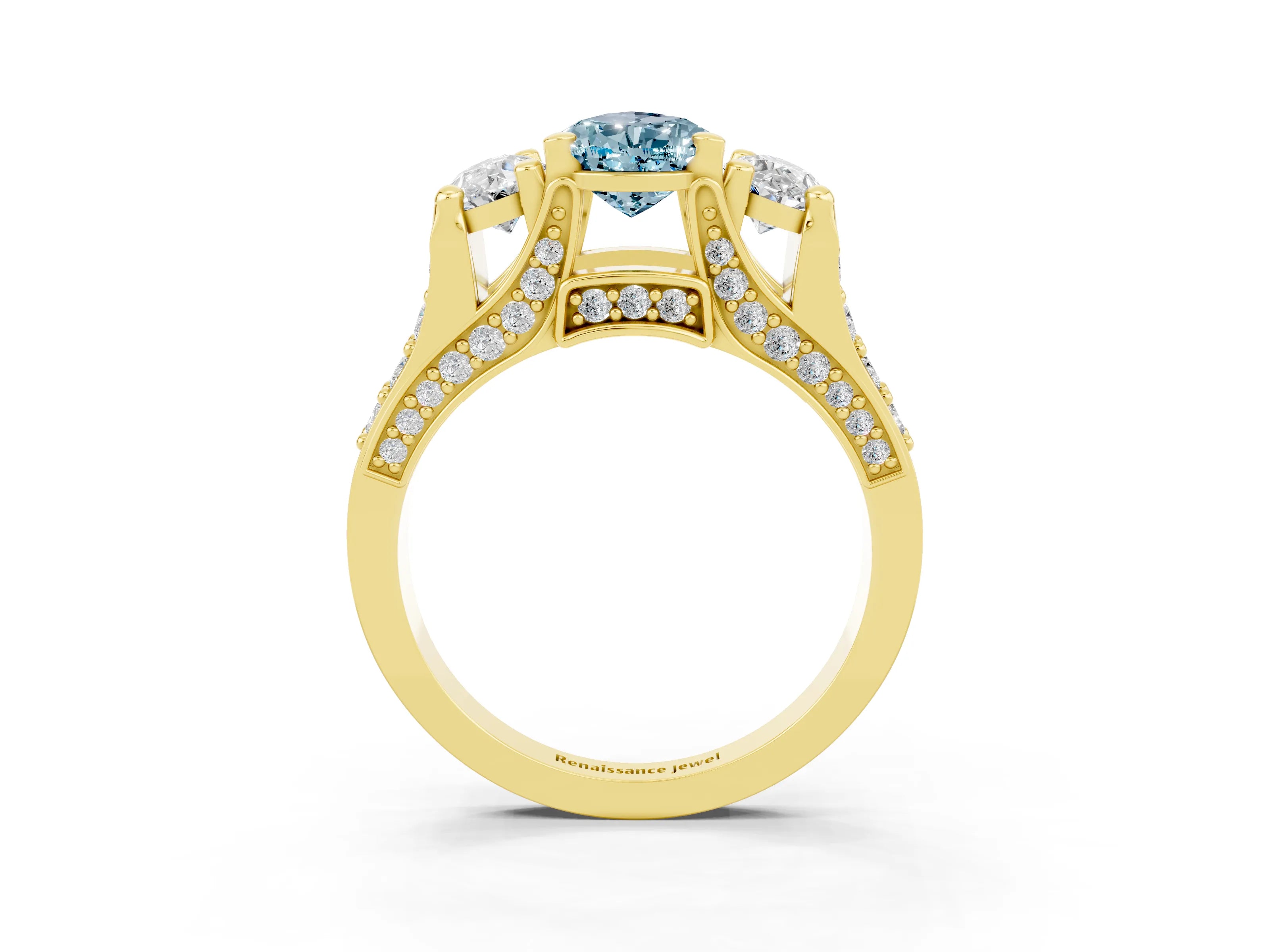 Yellow gold Pear Cut Aquamarine Three-Stone Ring with Channel Set Band and Four-Prong Setting_3