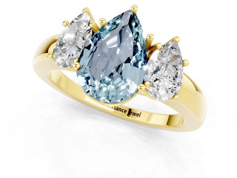 Yellow gold Pear Cut Aquamarine Three-Stone Ring with Four-Prong Setting and Classic Band_1