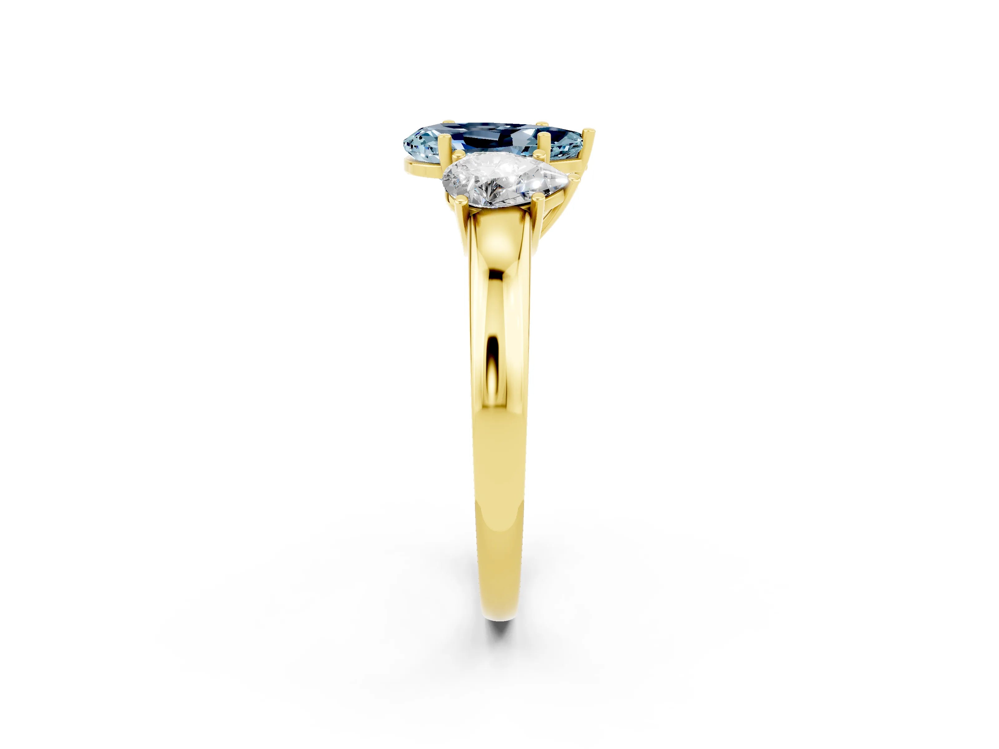 Yellow gold Pear Cut Aquamarine Three-Stone Ring with Four-Prong Setting and Classic Band_2