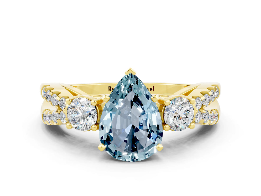 Yellow gold Pear Cut Aquamarine Three-Stone Ring with Pavé Split Shank and Four-Prong Setting_12