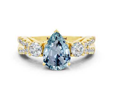 Yellow gold Pear Cut Aquamarine Three-Stone Ring with Pavé Split Shank and Four-Prong Setting_12