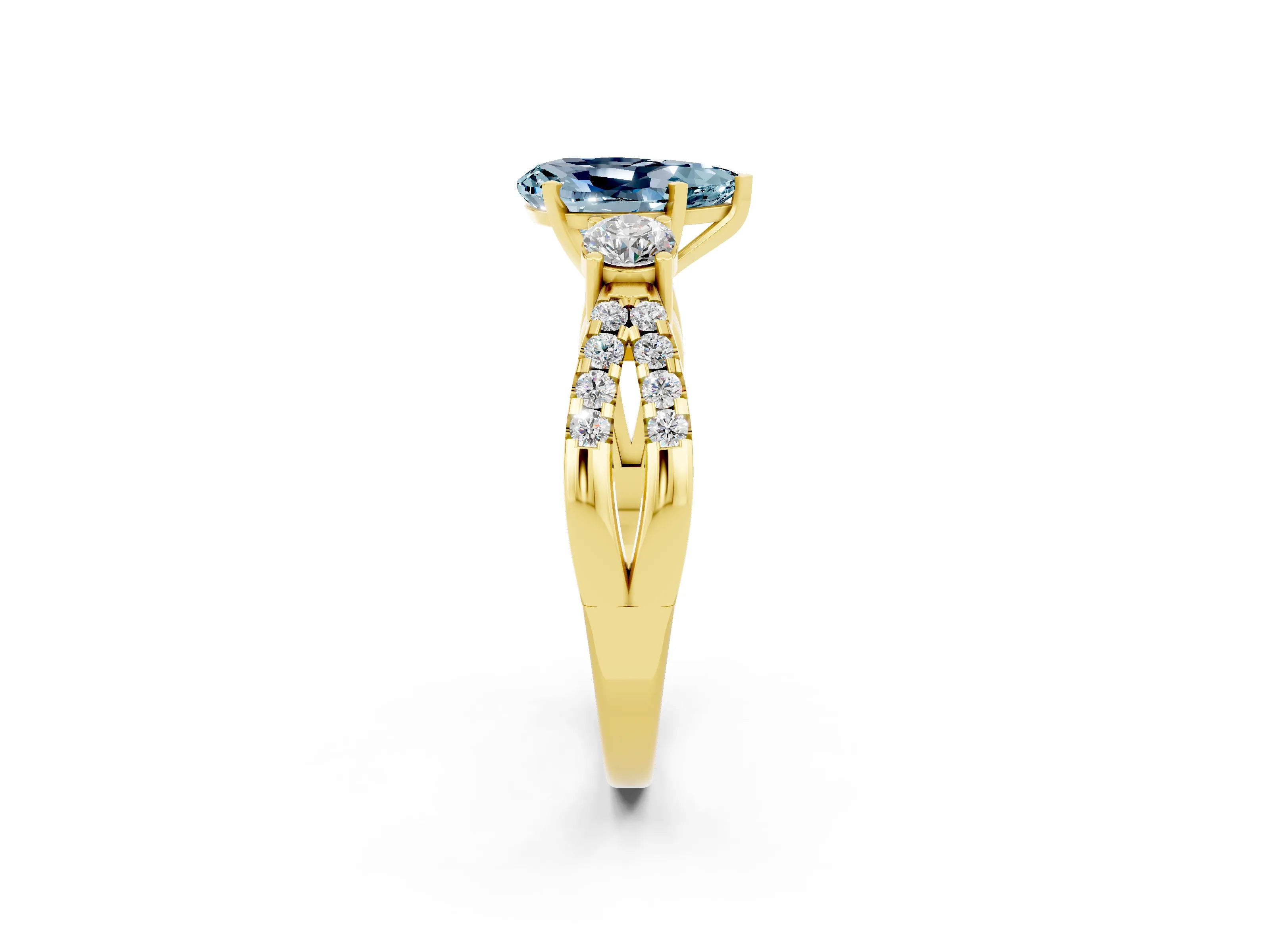 Yellow gold Pear Cut Aquamarine Three-Stone Ring with Pavé Split Shank and Four-Prong Setting_14