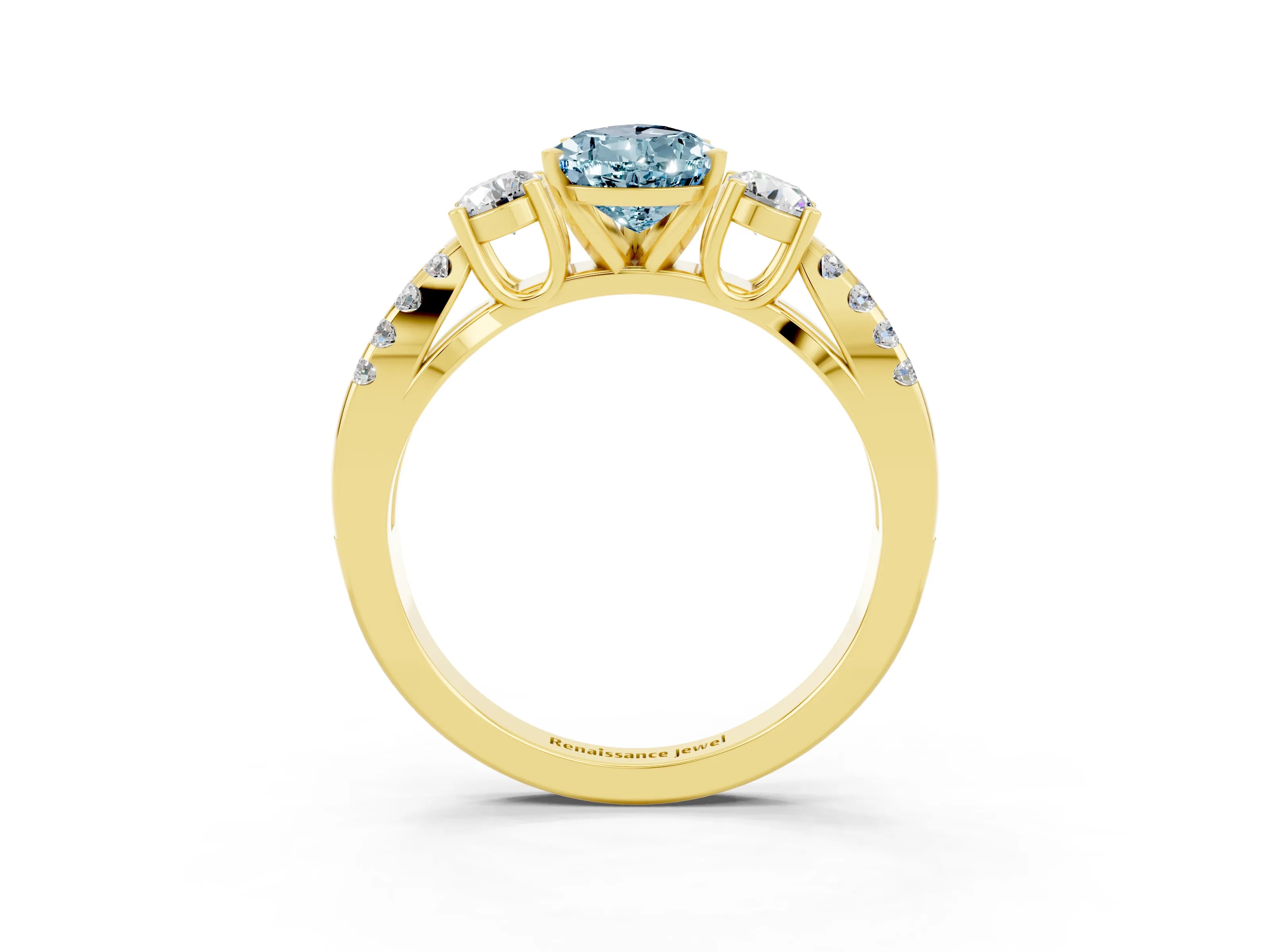 Yellow gold Pear Cut Aquamarine Three-Stone Ring with Pavé Split Shank and Four-Prong Setting_15