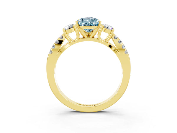 Yellow gold Pear Cut Aquamarine Three-Stone Ring with Pavé Split Shank and Four-Prong Setting