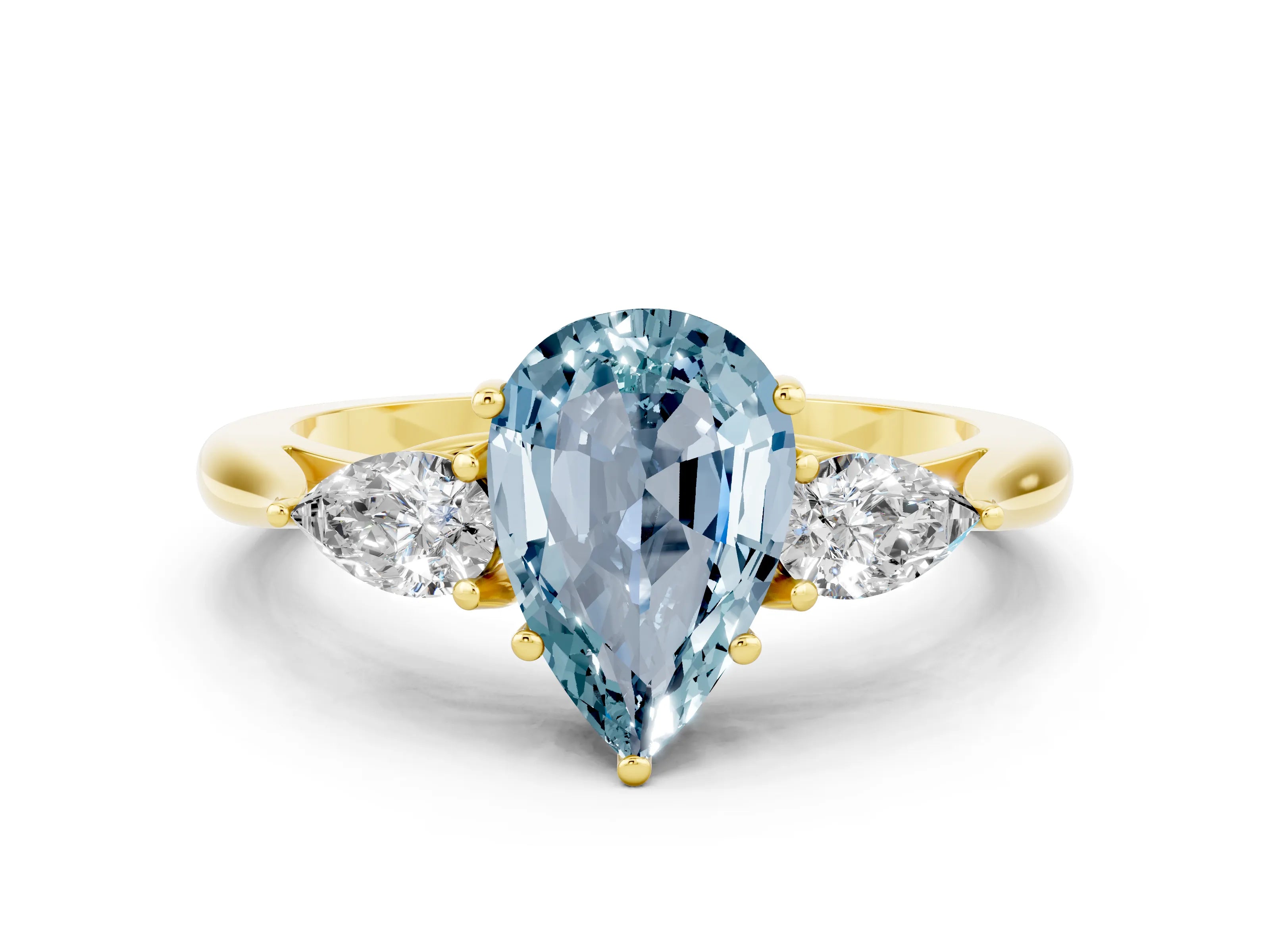 Yellow gold Pear Cut Aquamarine Three-Stone Ring with Pear Side Stones and Four-Prong Setting_12