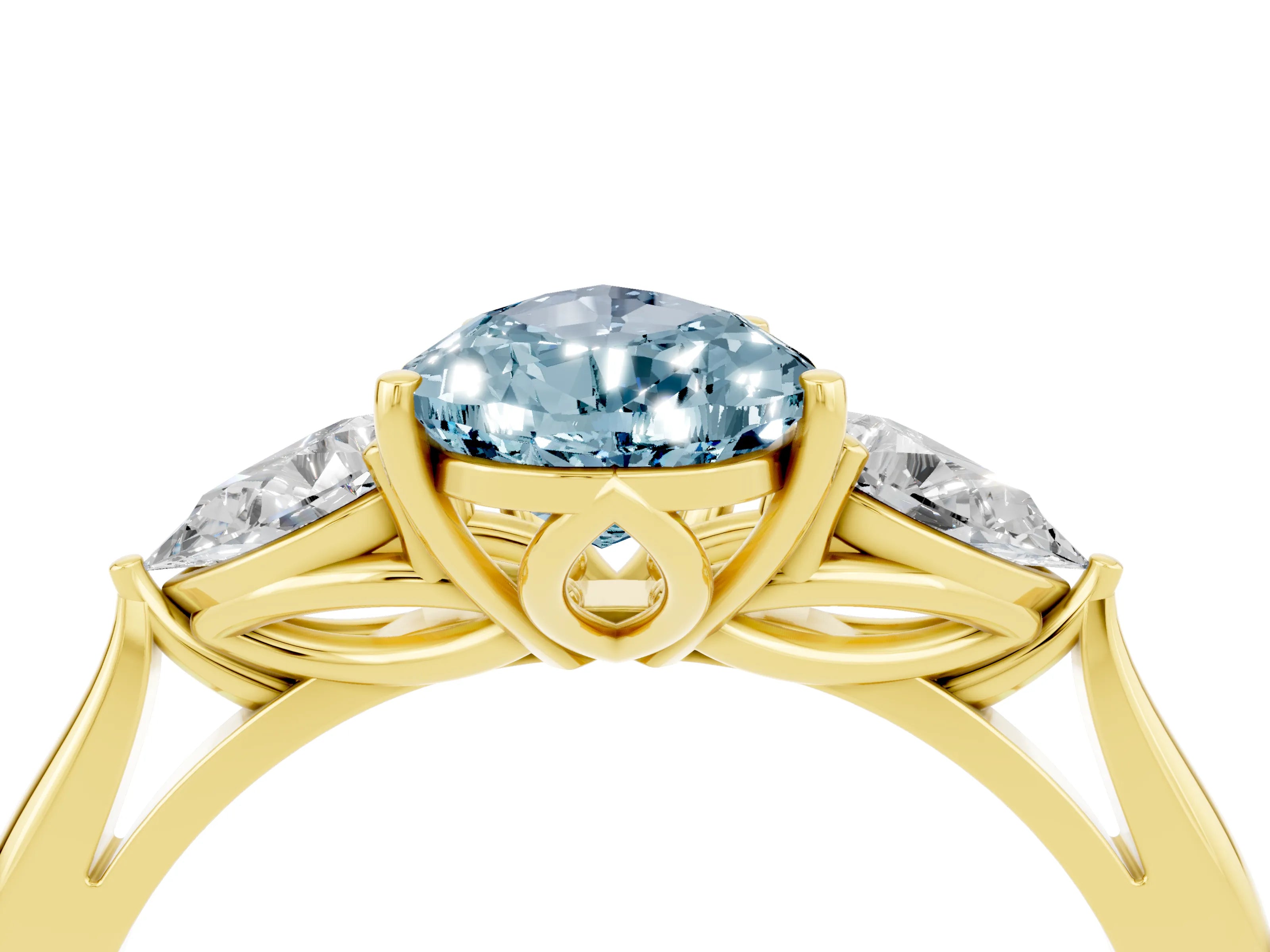 Yellow gold Pear Cut Aquamarine Three-Stone Ring with Pear Side Stones and Four-Prong Setting_16