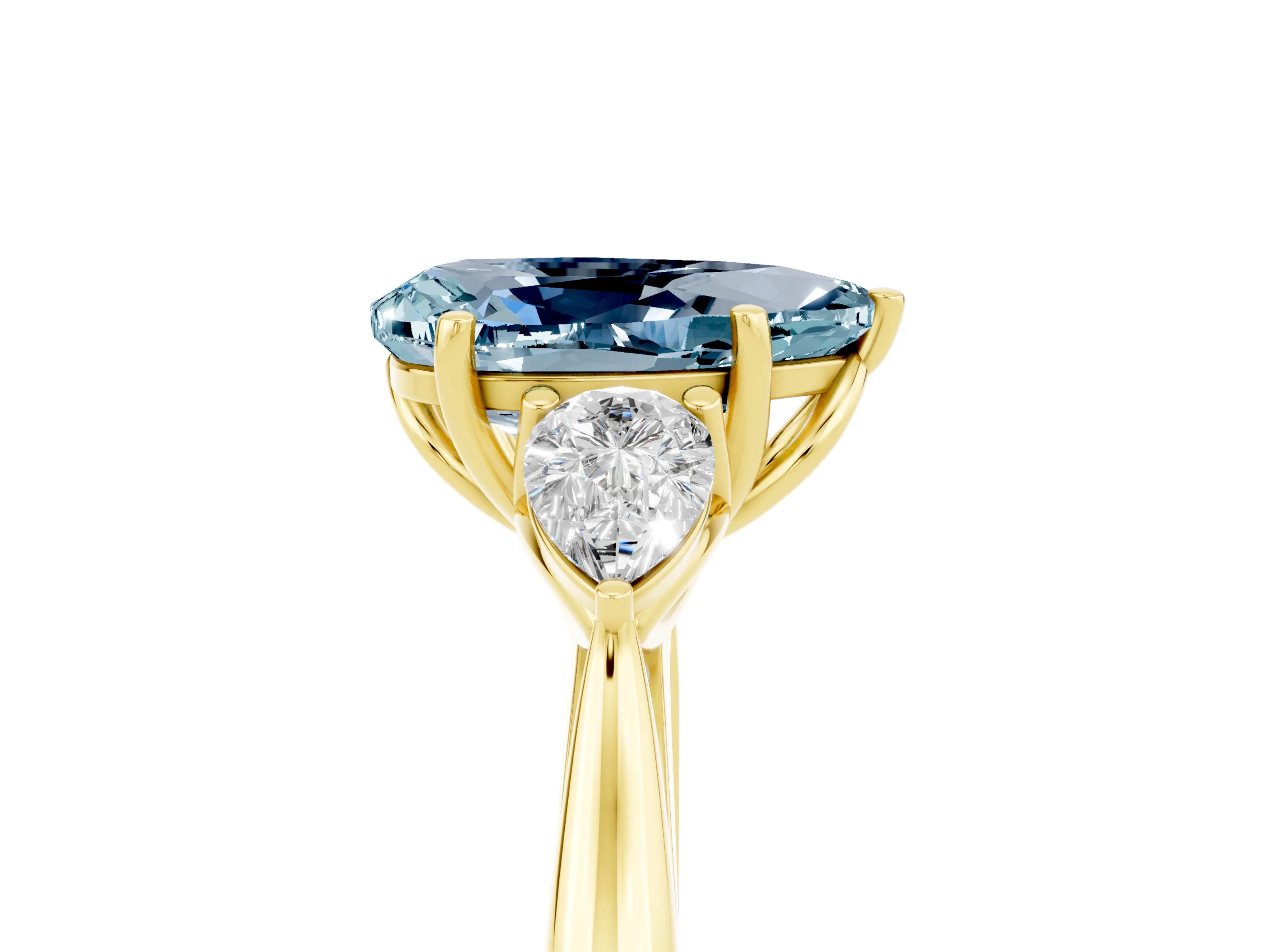 Yellow gold Pear Cut Aquamarine Three-Stone Ring with Pear Side Stones and Four-Prong Setting_17