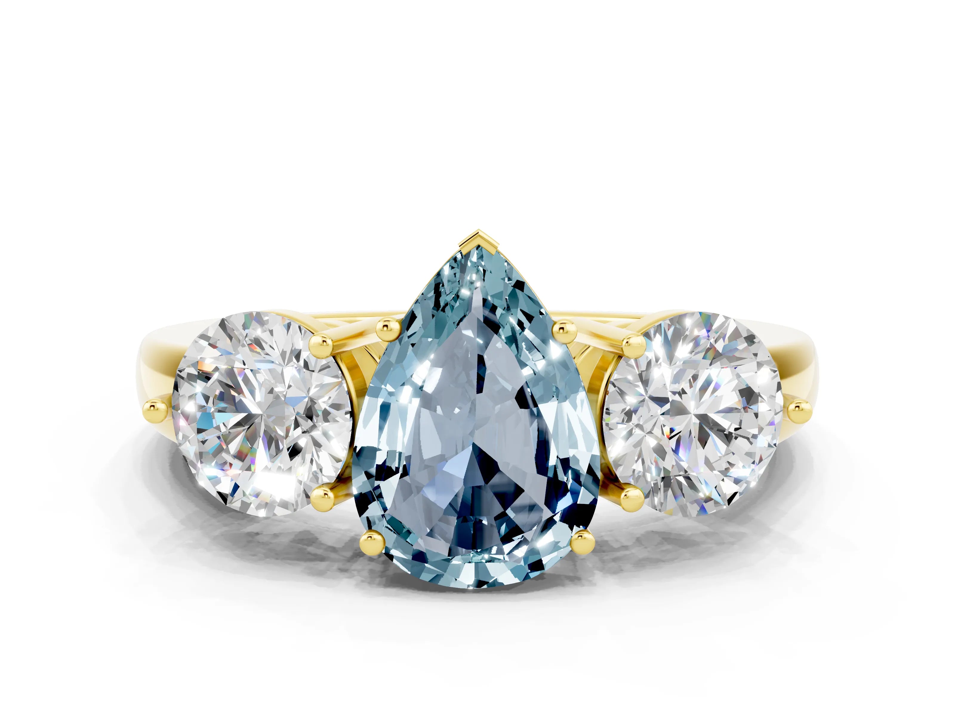 Yellow gold Pear Cut Aquamarine Three-Stone Ring with Prong Setting and Classic Band