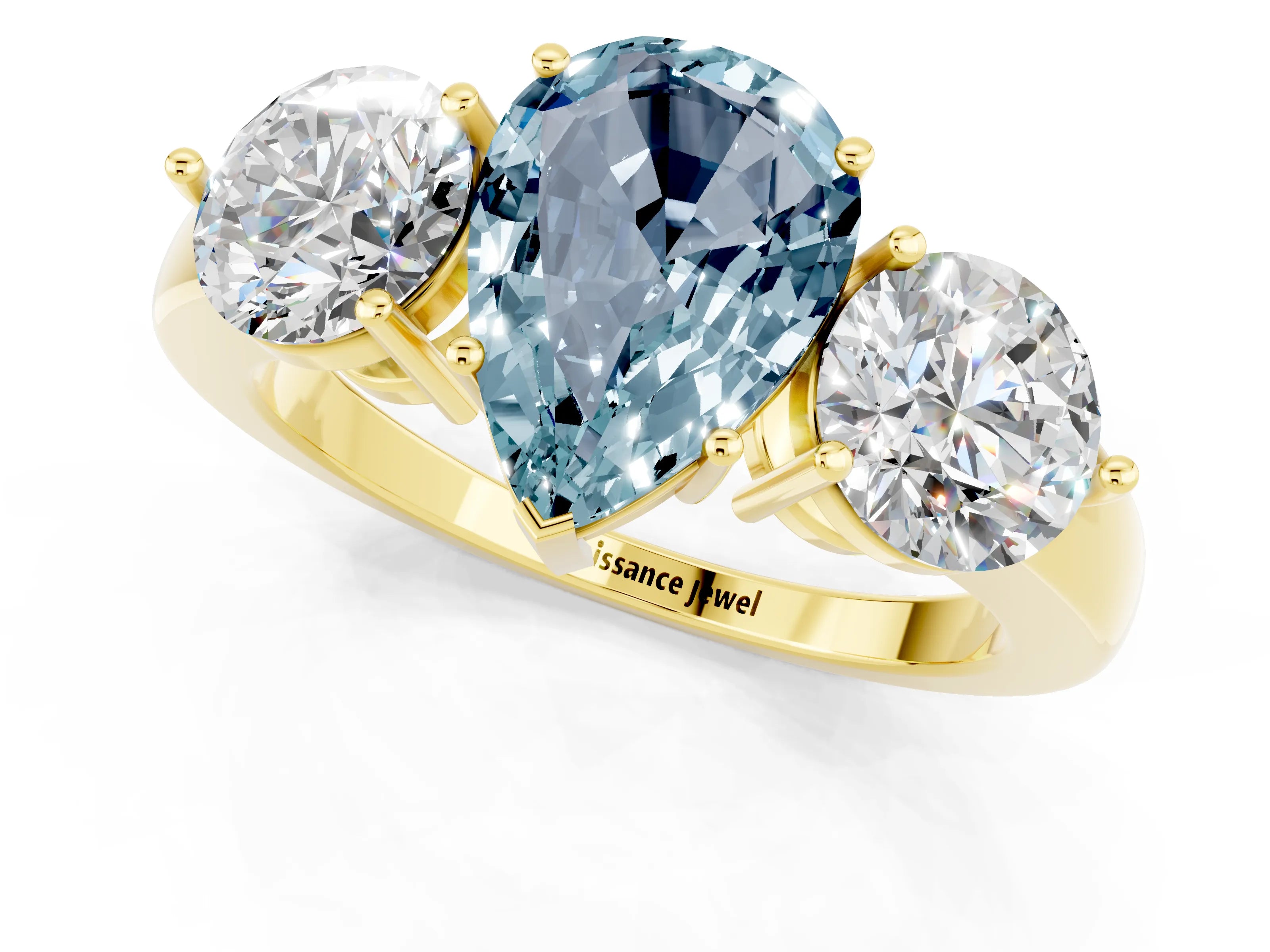 Yellow gold Pear Cut Aquamarine Three-Stone Ring with Prong Setting and Classic Band_1