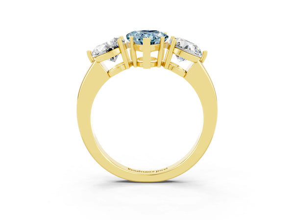 Yellow gold Pear Cut Aquamarine Three-Stone Ring with Prong Setting and Classic Band