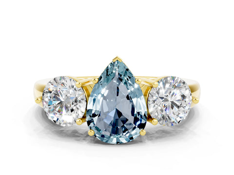Yellow gold Pear Cut Aquamarine Three-Stone Ring with Prong Setting and Classic Band