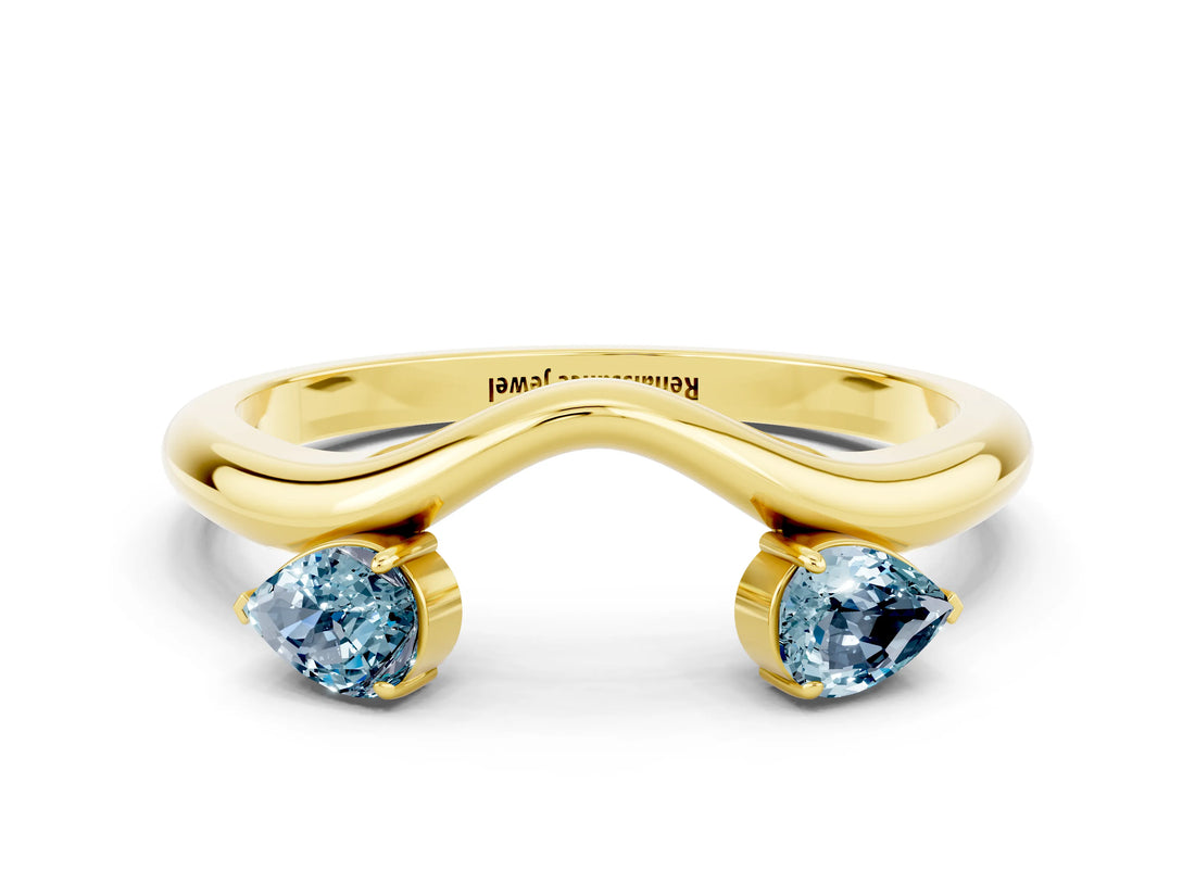 Yellow gold Pear Cut Aquamarine Two-Stone Open Band Ring with Prong Setting_6