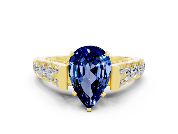 Yellow gold Pear Cut Blue Sapphire Classic Solitaire Ring with Pavé Band and Four-Prong Setting