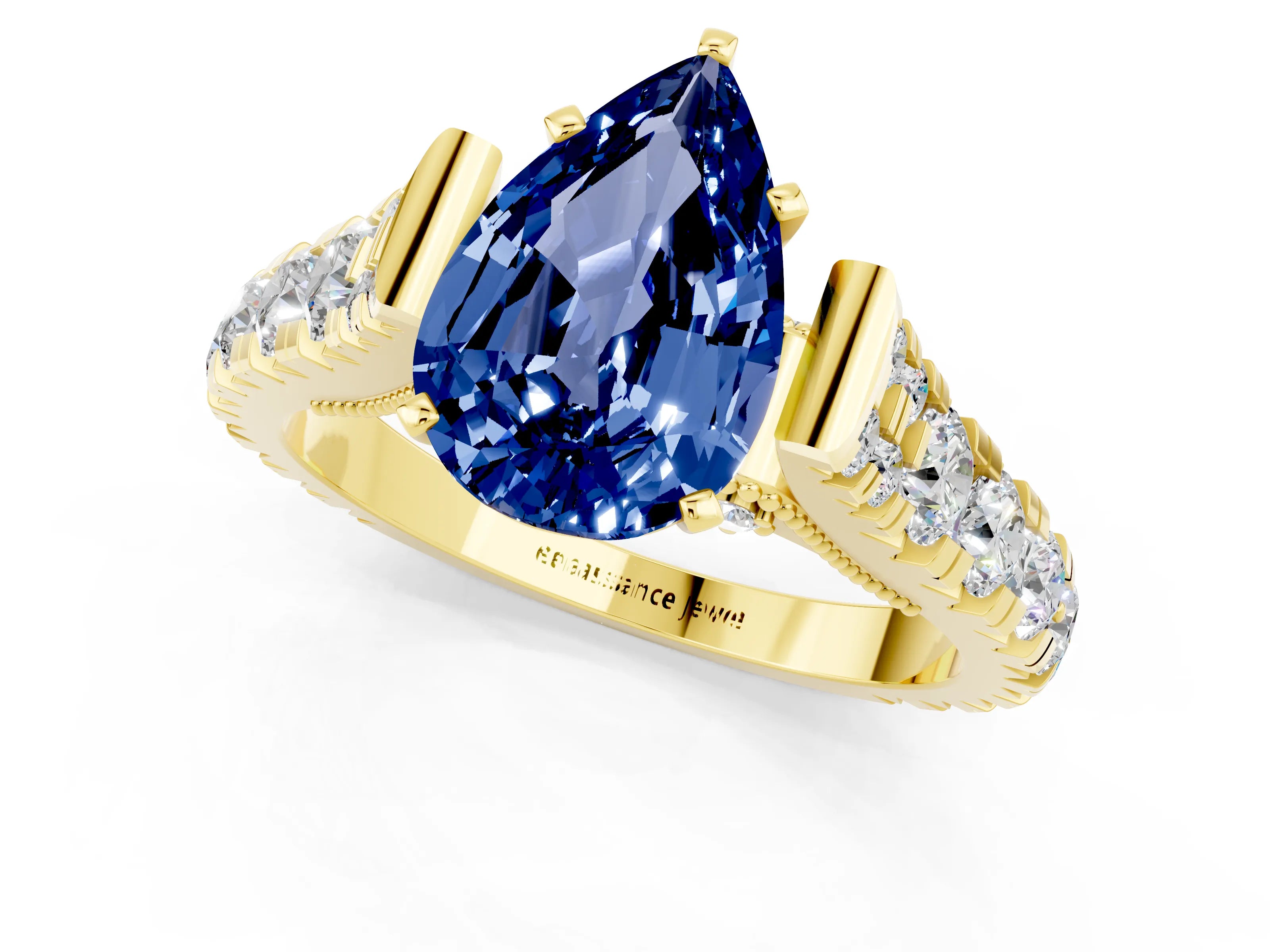 Yellow gold Pear Cut Blue Sapphire Classic Solitaire Ring with Pavé Band and Four-Prong Setting_1