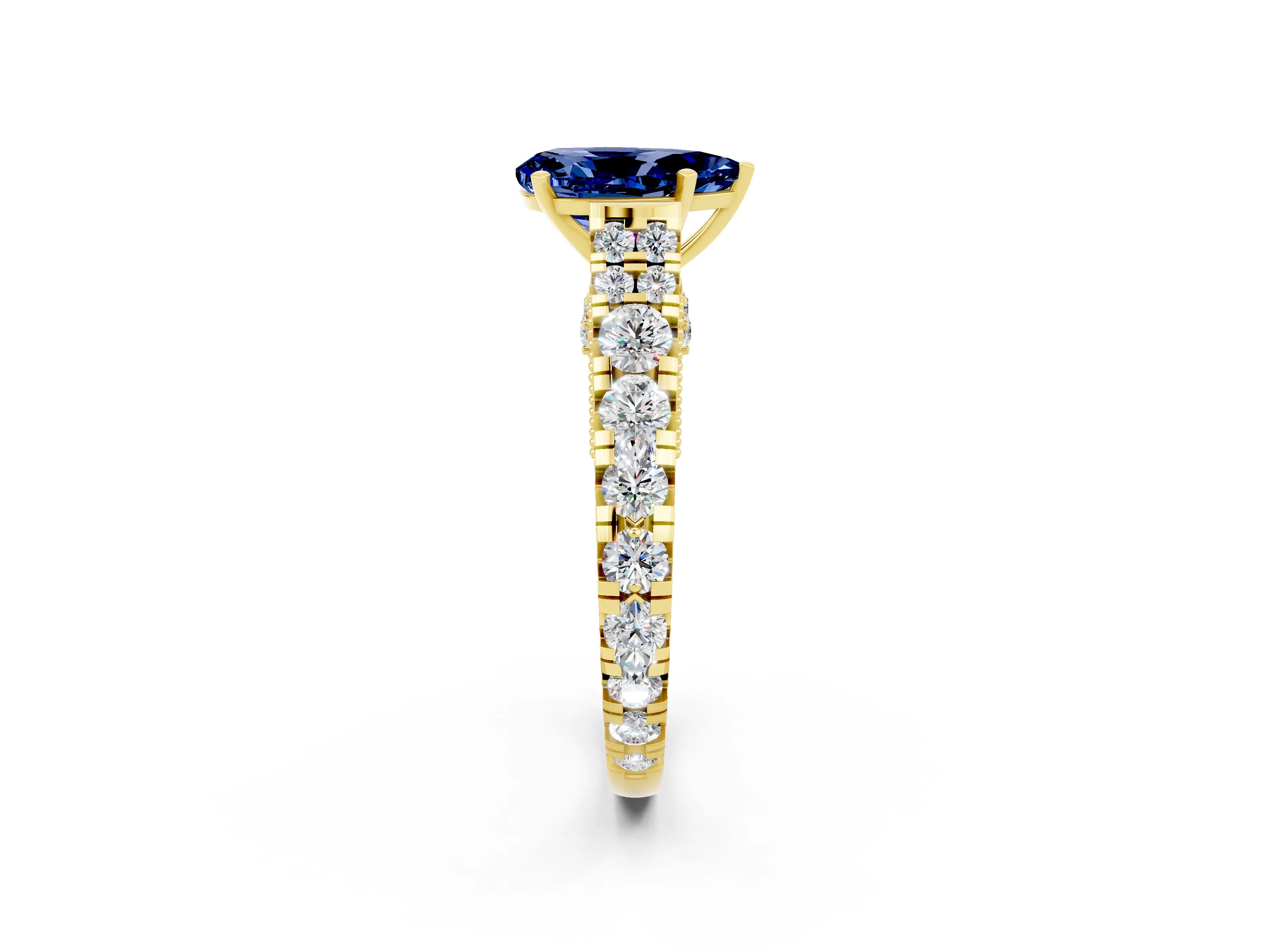 Yellow gold Pear Cut Blue Sapphire Classic Solitaire Ring with Pavé Band and Four-Prong Setting_2