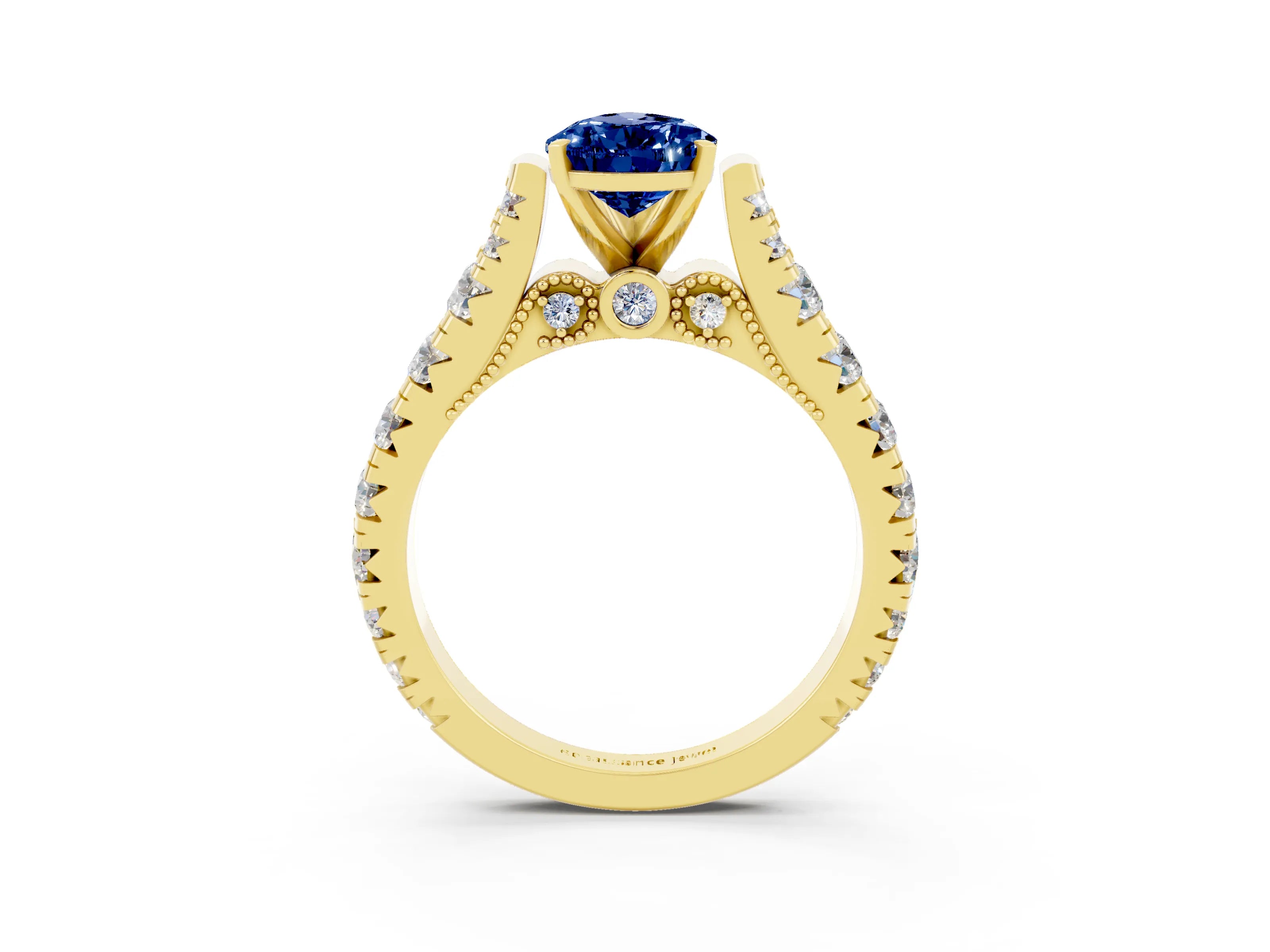 Yellow gold Pear Cut Blue Sapphire Classic Solitaire Ring with Pavé Band and Four-Prong Setting_3
