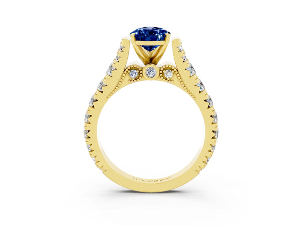 Yellow gold Pear Cut Blue Sapphire Classic Solitaire Ring with Pavé Band and Four-Prong Setting