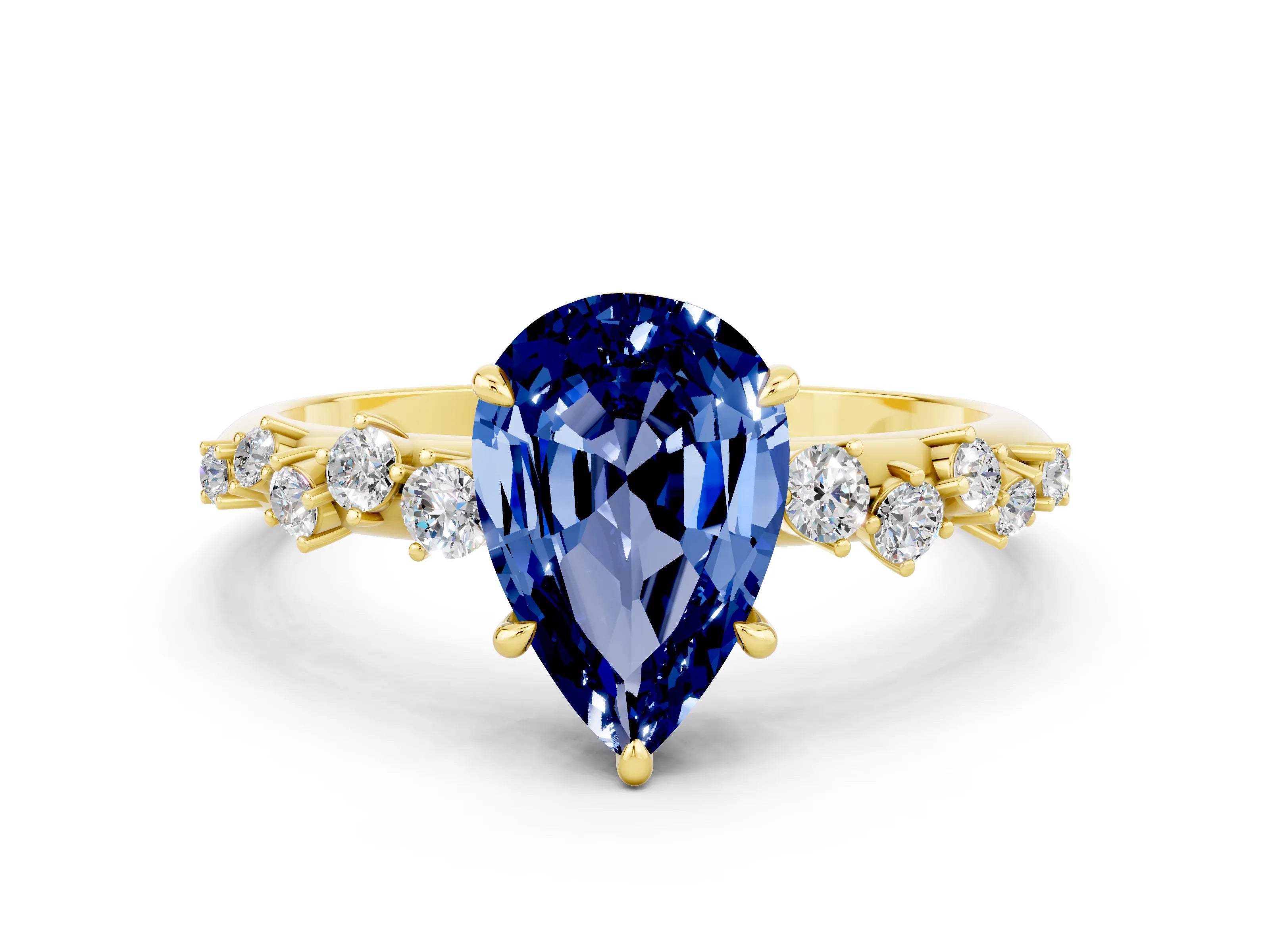 Yellow gold Pear Cut Blue Sapphire Cluster Side Stone Solitaire Ring with Prong Setting_24