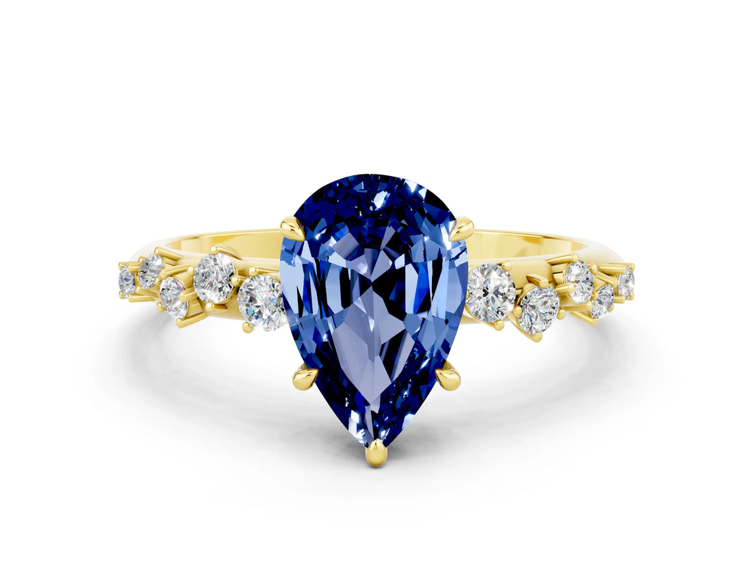 Yellow gold Pear Cut Blue Sapphire Cluster Side Stone Solitaire Ring with Prong Setting_24