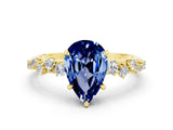 Yellow gold Pear Cut Blue Sapphire Cluster Side Stone Solitaire Ring with Prong Setting_24