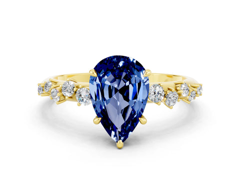 Yellow gold Pear Cut Blue Sapphire Cluster Side Stone Solitaire Ring with Prong Setting_24