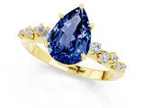 Yellow gold Pear Cut Blue Sapphire Cluster Side Stone Solitaire Ring with Prong Setting_25