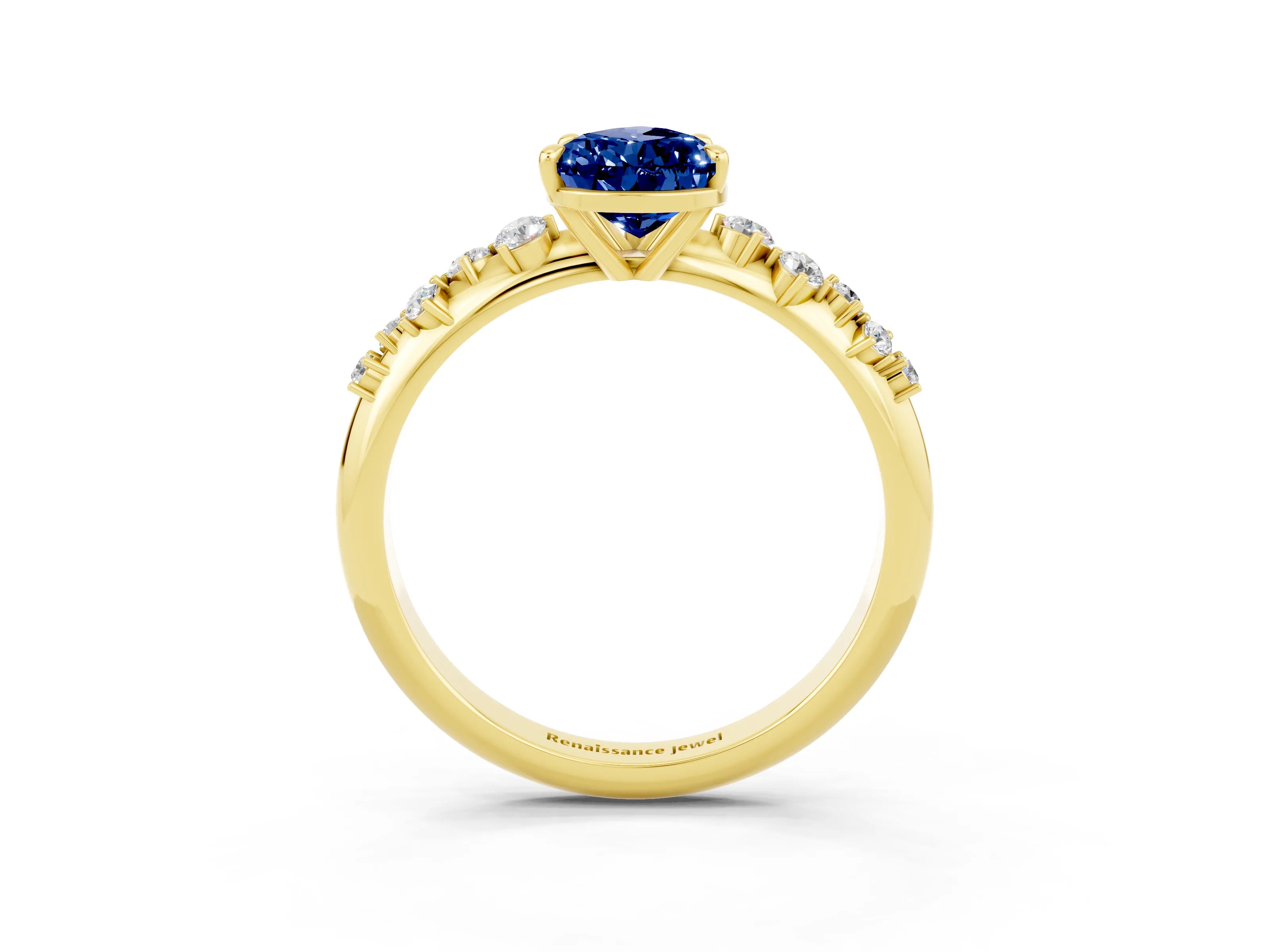 Yellow gold Pear Cut Blue Sapphire Cluster Side Stone Solitaire Ring with Prong Setting_27