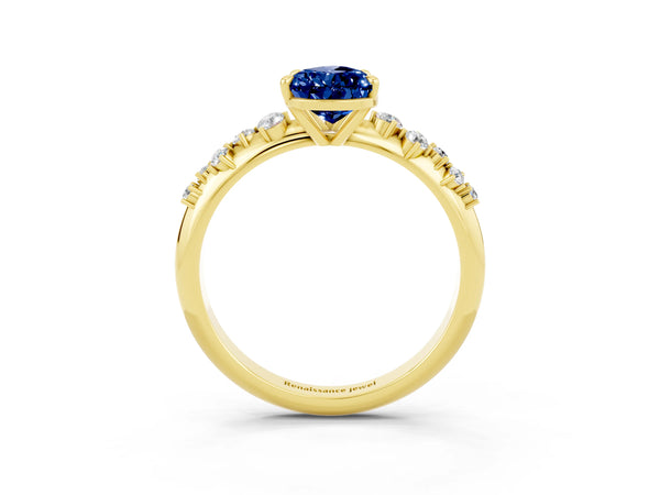 Yellow gold Pear Cut Blue Sapphire Cluster Side Stone Solitaire Ring with Prong Setting